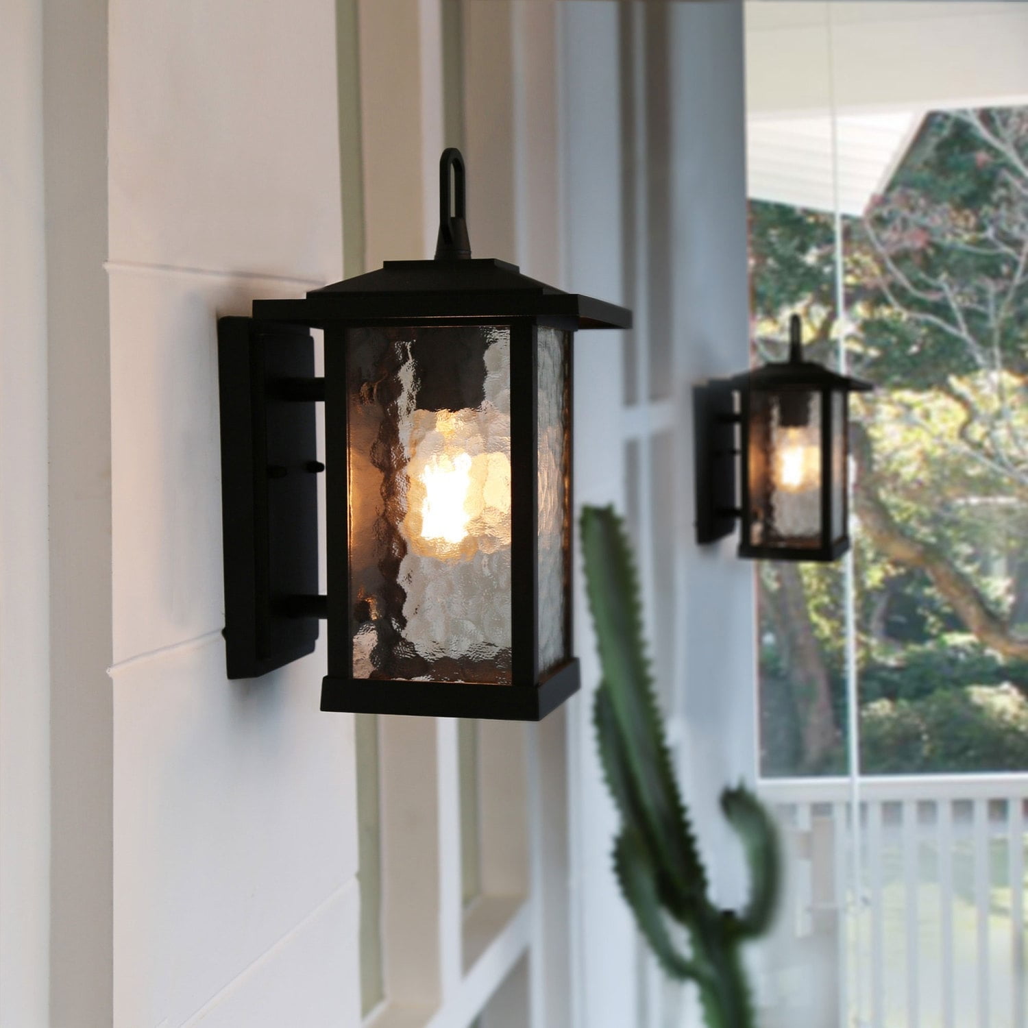 Black Metal Outdoor Wall Lantern with Water Ripple Glass Shade