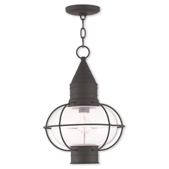 1 Light Black Outdoor Chain Lantern Pendant Lighting Fixture with Clear Glass Shade backed with Hand Crafted Solid Brass material for patio, front porch, entryway and more
