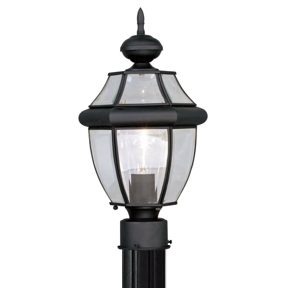 1 Light Black Outdoor Post Lantern Pendant Lighting Fixture with Clear Beveled Glass Shade backed with Hand Crafted Solid Brass material for patio, front porch, entryway and more