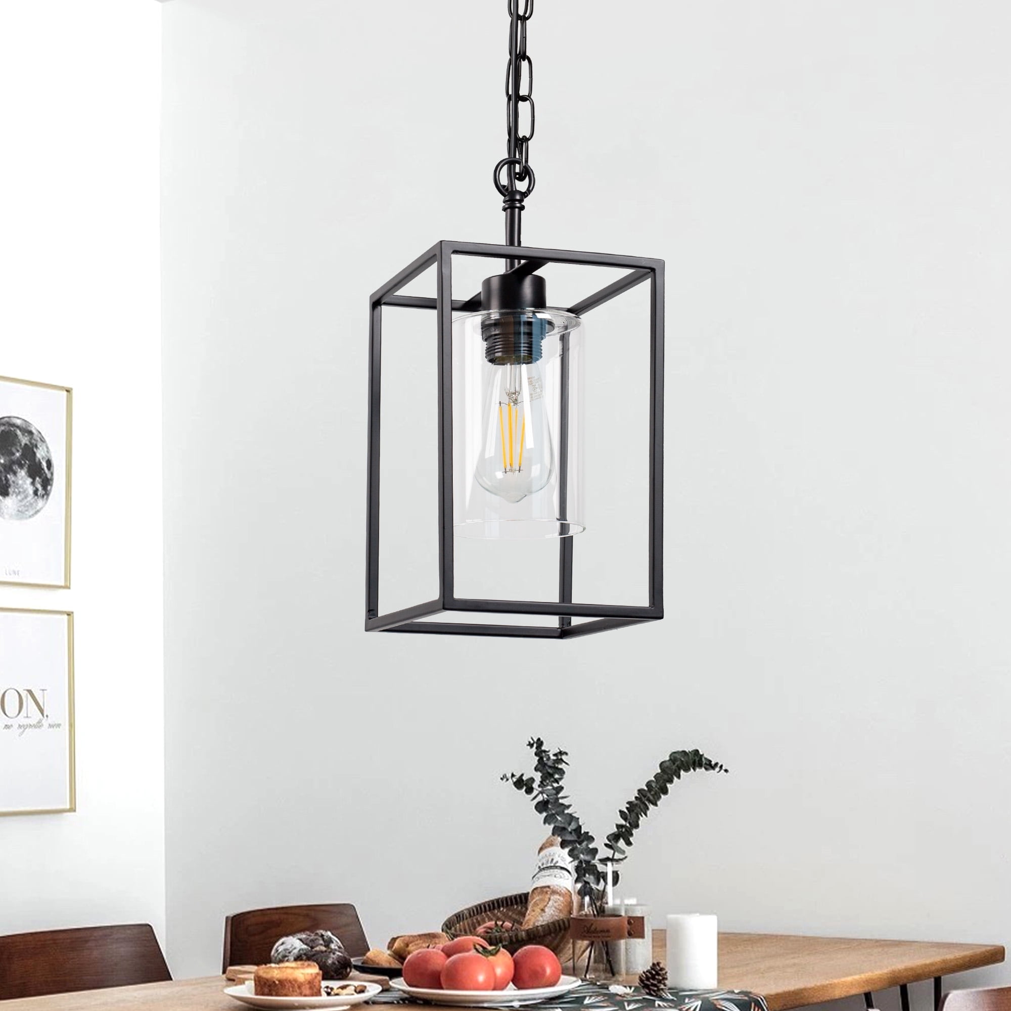 LOHASLED 1-Light Black Square Pendant Light Fixture with Glass Shade ...