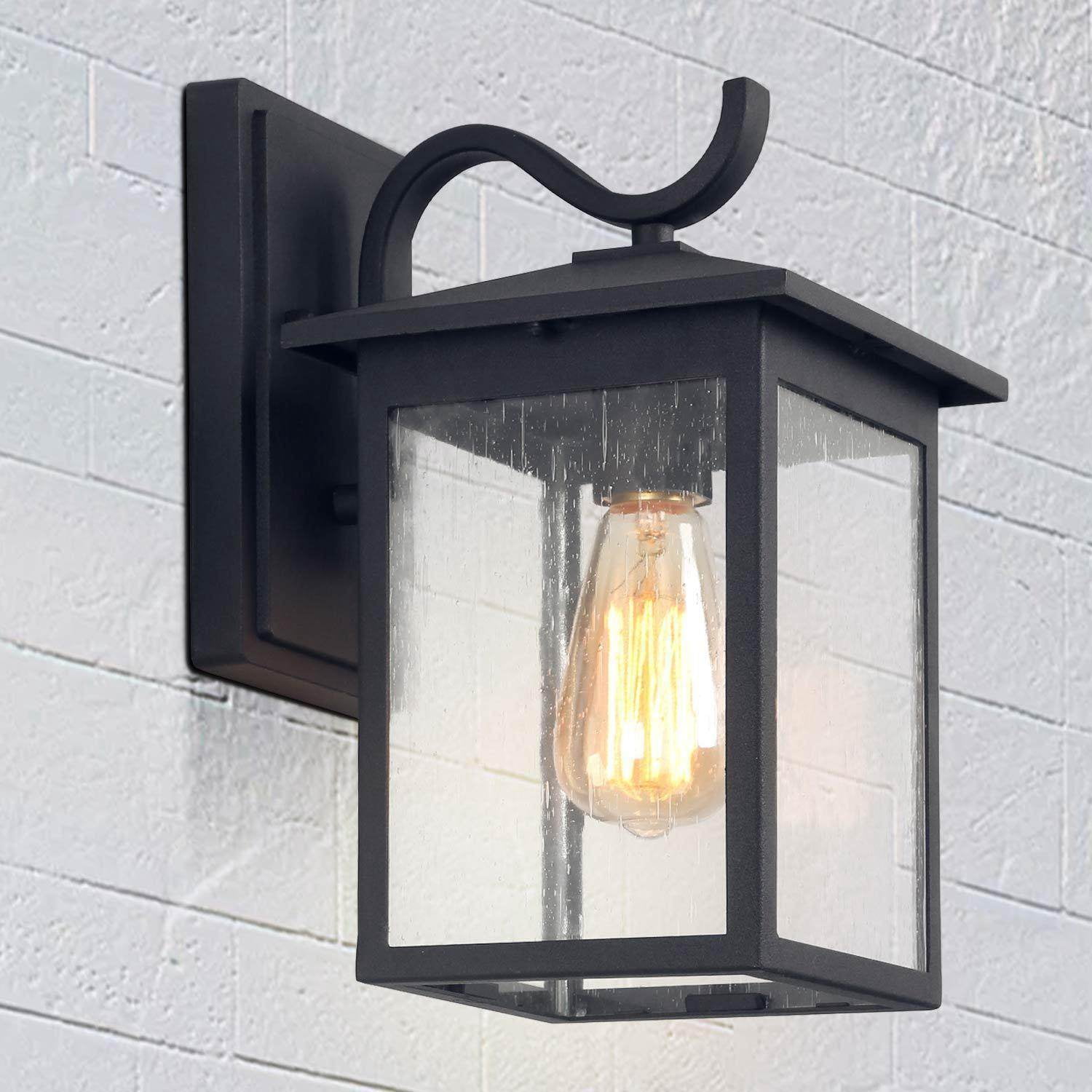 LNC 1-Light Black Outdoor Lantern Wall Sconce with Seeded Glass