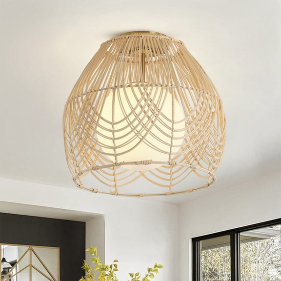 1-Light Boho Semi Flush Mount Ceiling Light, Rattan Farmhouse Ceiling Lamp with Glass Lampshade for Bedroom, Living Room, Restaurant