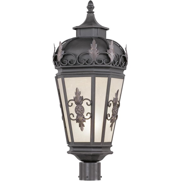 1 Light Bronze Outdoor Post Lantern Pendant Lighting Fixture with Antique Honey Linen Glass Shade backed with Hand Crafted Solid Brass material for patio, front porch, entryway and more