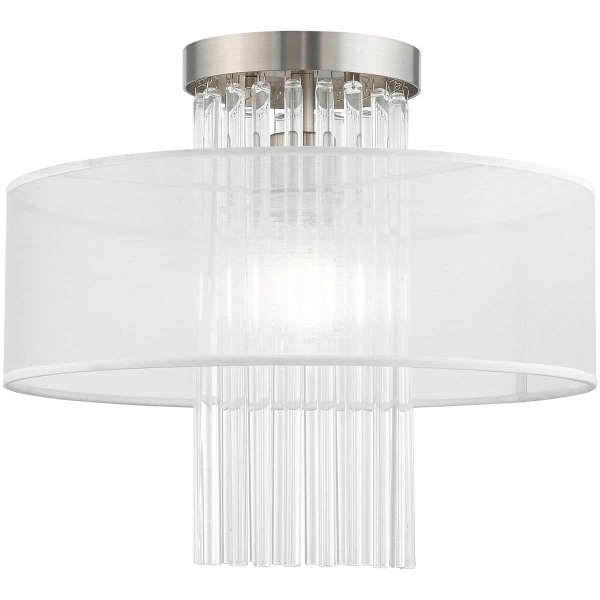 1 Light Brushed Nickel Ceiling Light fixture with Clear Crystal Rods/ Hand Crafted Translucent Fabric Shade