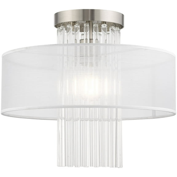 1 Light Brushed Nickel Ceiling Light fixture with Clear Crystal Rods/ Hand Crafted Translucent Fabric Shade