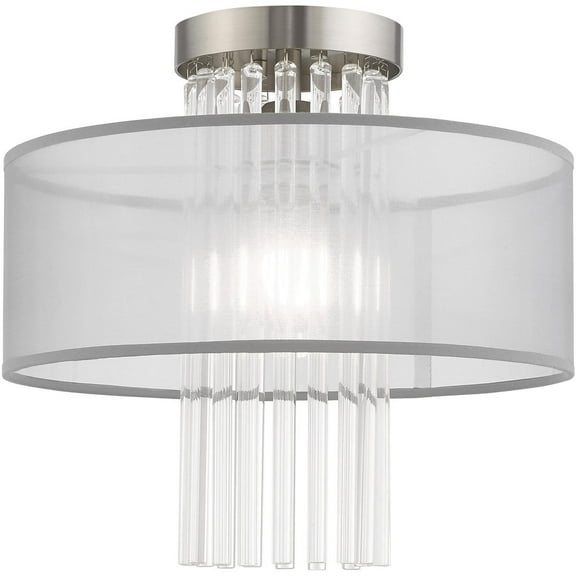 1 Light Brushed Nickel Ceiling Light fixture with Clear Crystal Rods/ Hand Crafted Translucent Gray Fabric Shade
