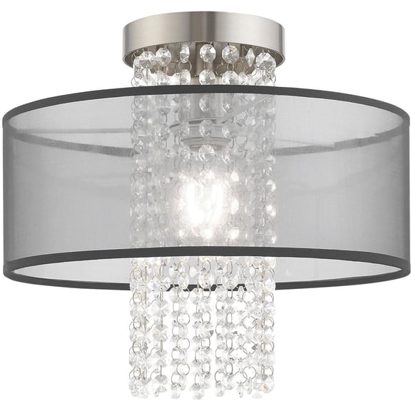 1 Light Brushed Nickel Ceiling Light fixture with Clear Crystals/ Hand Crafted Translucent Black Fabric Shade