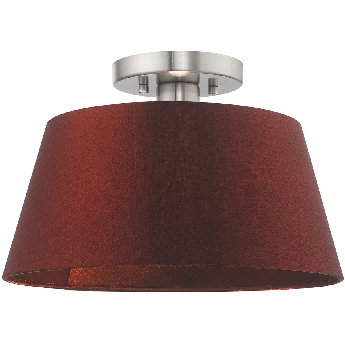 1 Light Brushed Nickel Ceiling Light fixture with Hand Crafted Red Wine Fabric Hardback Shade
