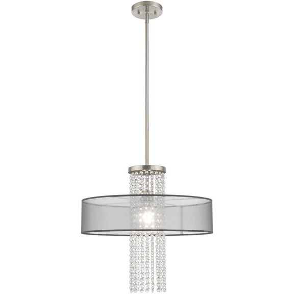 1 Light Brushed Nickel Pendant Chandelier with Clear Crystals/ Hand Crafted Translucent Black Fabric Shade