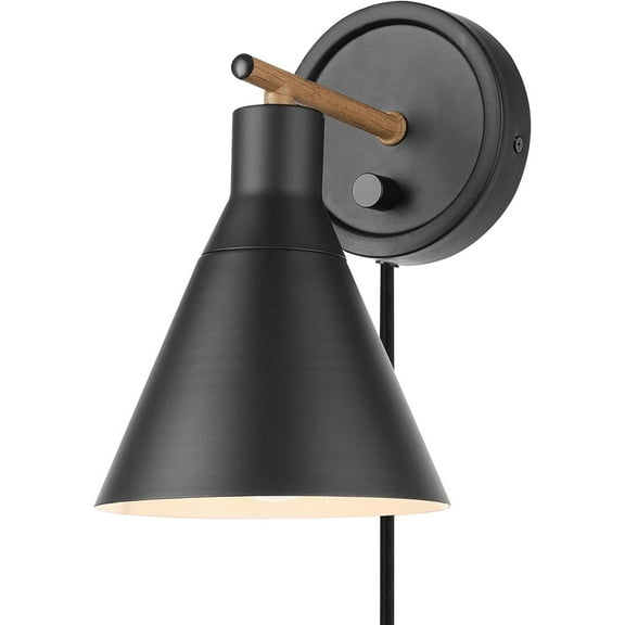 1-Light Dimmable Plug-in or Hardwire Wall Sconce, Matte Black, Faux Walnut Accent, Stepless Dimming Rotary Switch on Canopy, Black Fabric Cord, Bulb Not Included
