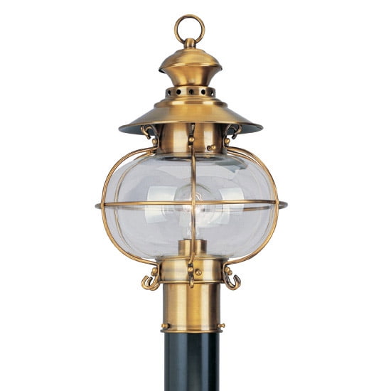 1 Light FB Outdoor Post Lantern Pendant Lighting Fixture with Hand Blown Clear Glass Shade backed with Hand Crafted Solid Brass material for patio, front porch, entryway and more