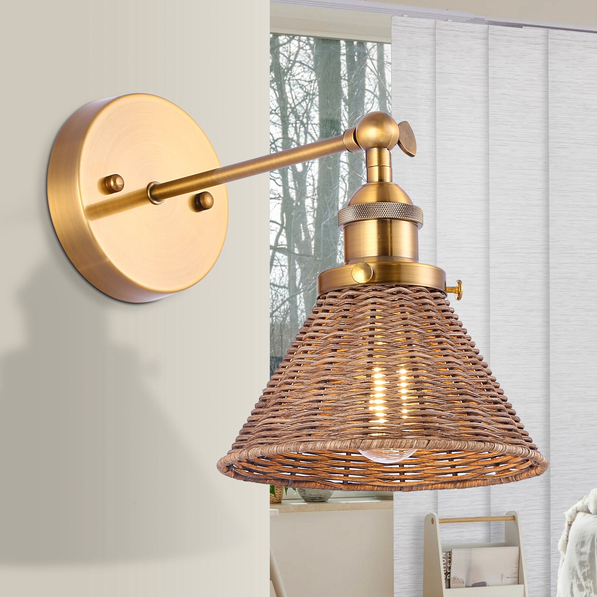 Brass and Rattan Swing Arm Wall Sconce with Woven Shade