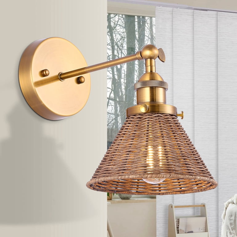 1-Light Brass Boho Natural Rattan Hardwired Wall Sconce With Adjustable