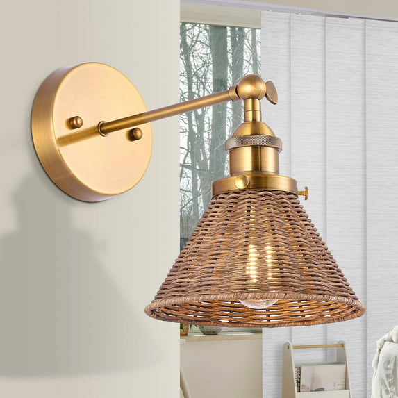 1-Light Farmhouse Brown Rattan Gold Brass Wall Swing Arm Lamp Wall Sconce