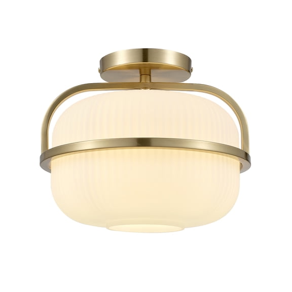 1-Light Flush Mount Ceiling Light, Brass, Frosted Ribbed Glass Shade, Updated Traditional Style for Home Lighting