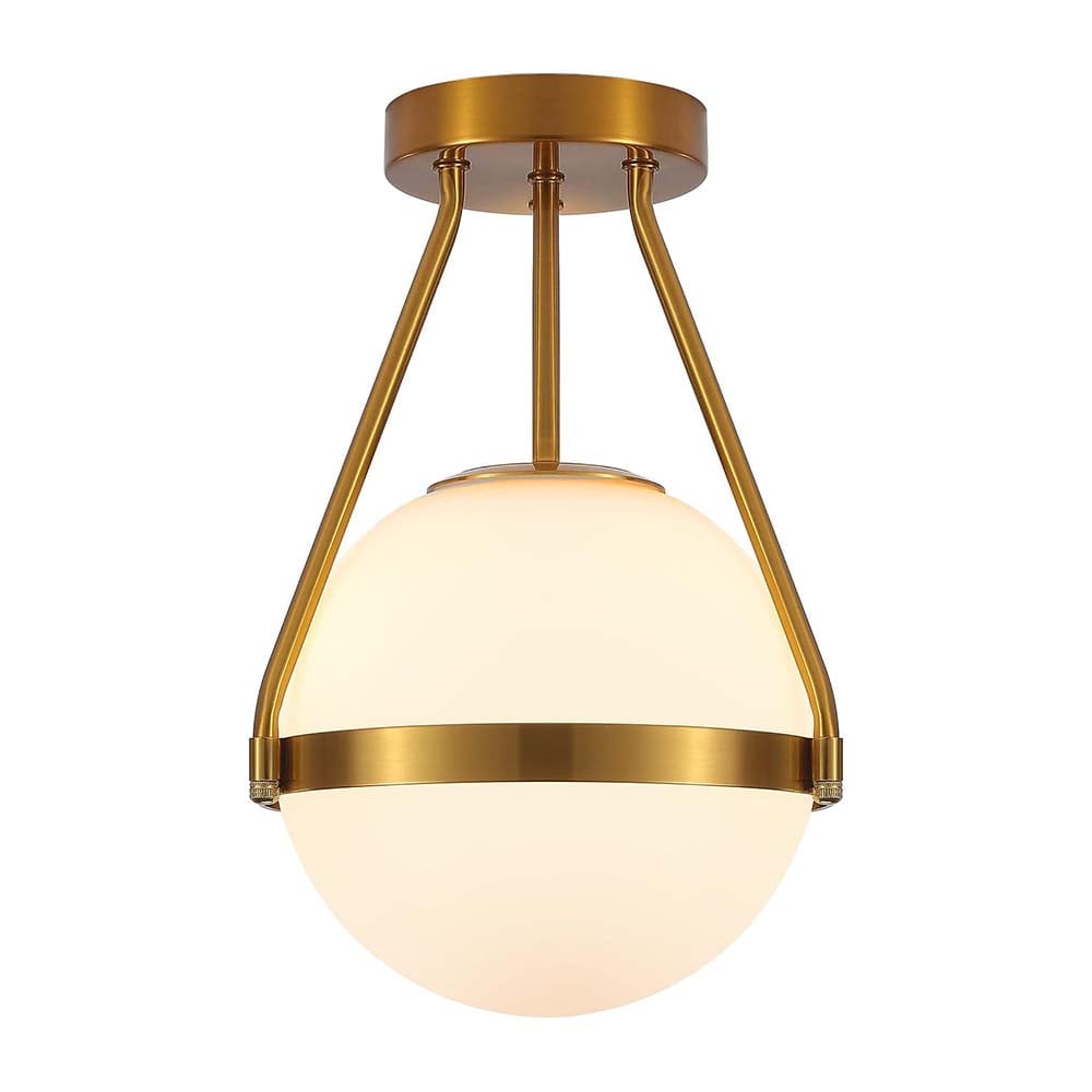 Brass and White Glass Globe Semi Flush Mount Light