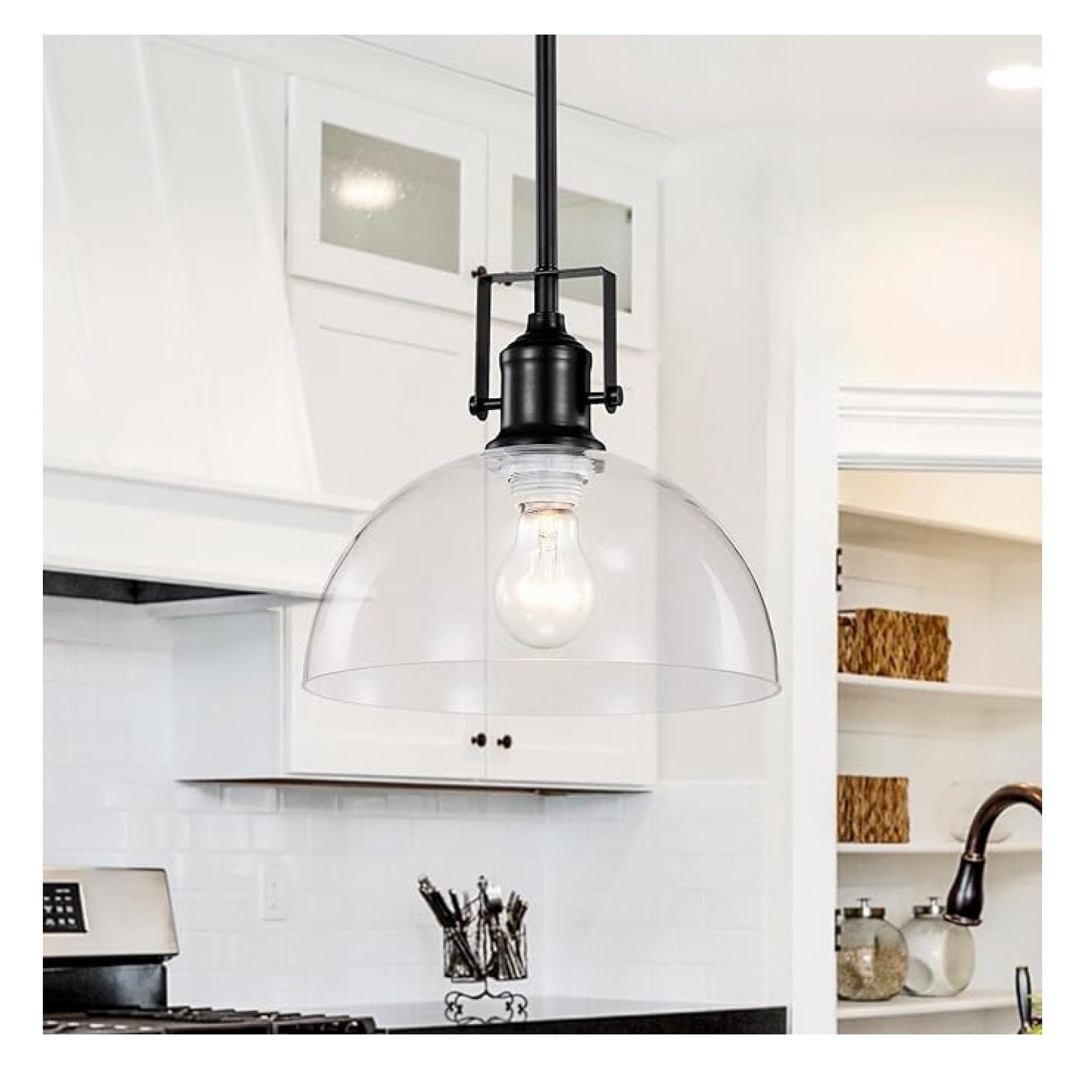 1-Light Kitchen Pendant Light with Handblown Clear Glass Shade, Adjustable Rods Farmhouse Ceiling Lighting Fixture for Kitchen Island, Sink, Matte Black Finish, 10 in.