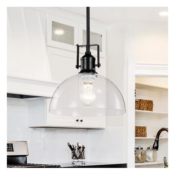 1-Light Kitchen Pendant Light with Handblown Clear Glass Shade, Adjustable Rods Farmhouse Ceiling Lighting Fixture for Kitchen Island, Sink, Matte Black Finish, 10 in.