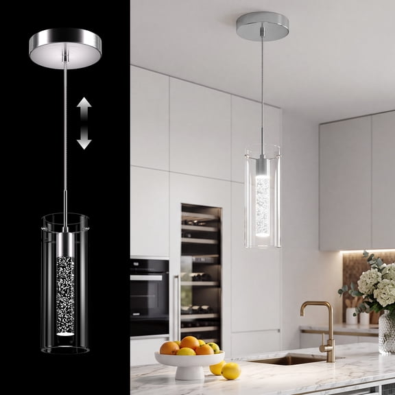 1-Light LED Pendant Light for Kitchen Island, Modern Adjustable Height Bubble Glass Hanging Light Fixture,6500K 800LM Nickel Cold
