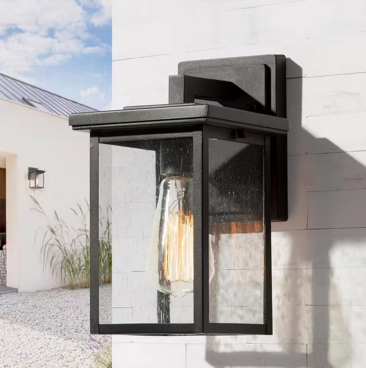 Matte Black Outdoor Lantern Sconce with Seeded Glass Shade