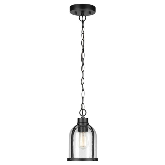 1-Light Matte Black Outdoor Pendant with Clear Seeded Glass Shade, Bulb Included