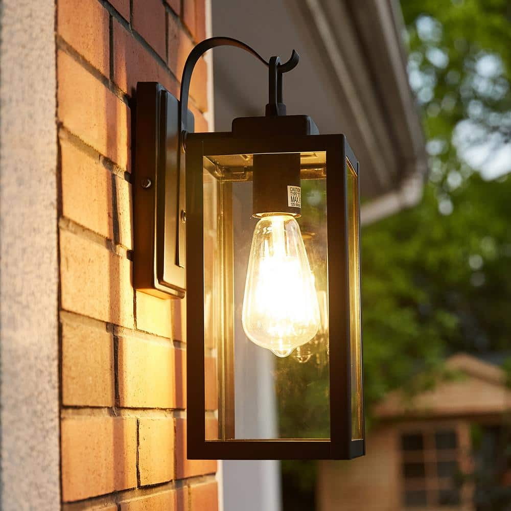 Matte Black Medium Outdoor Lantern Wall Sconce with Clear Glass