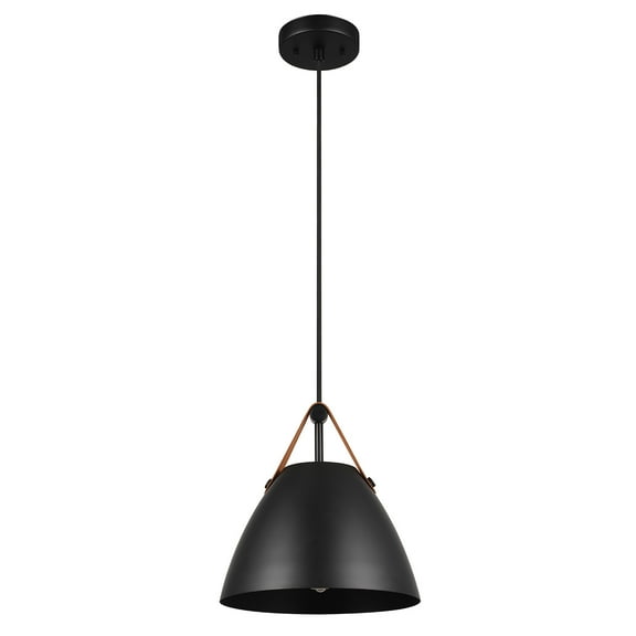 Globe Electric 1-Light Matte Black Pendant Light with Black Shade and Faux Leather Strap Detail