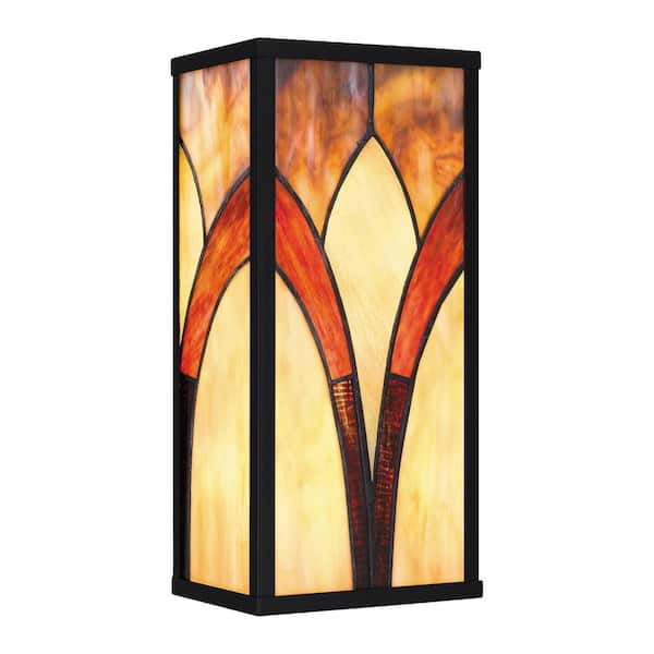 1-Light Matte Black Wall Sconce with Handcrafted Tiffany Glass in Amber, Bisque, and Crimson, Decorative Downlight for Living Room, Hallway, or Dining Area