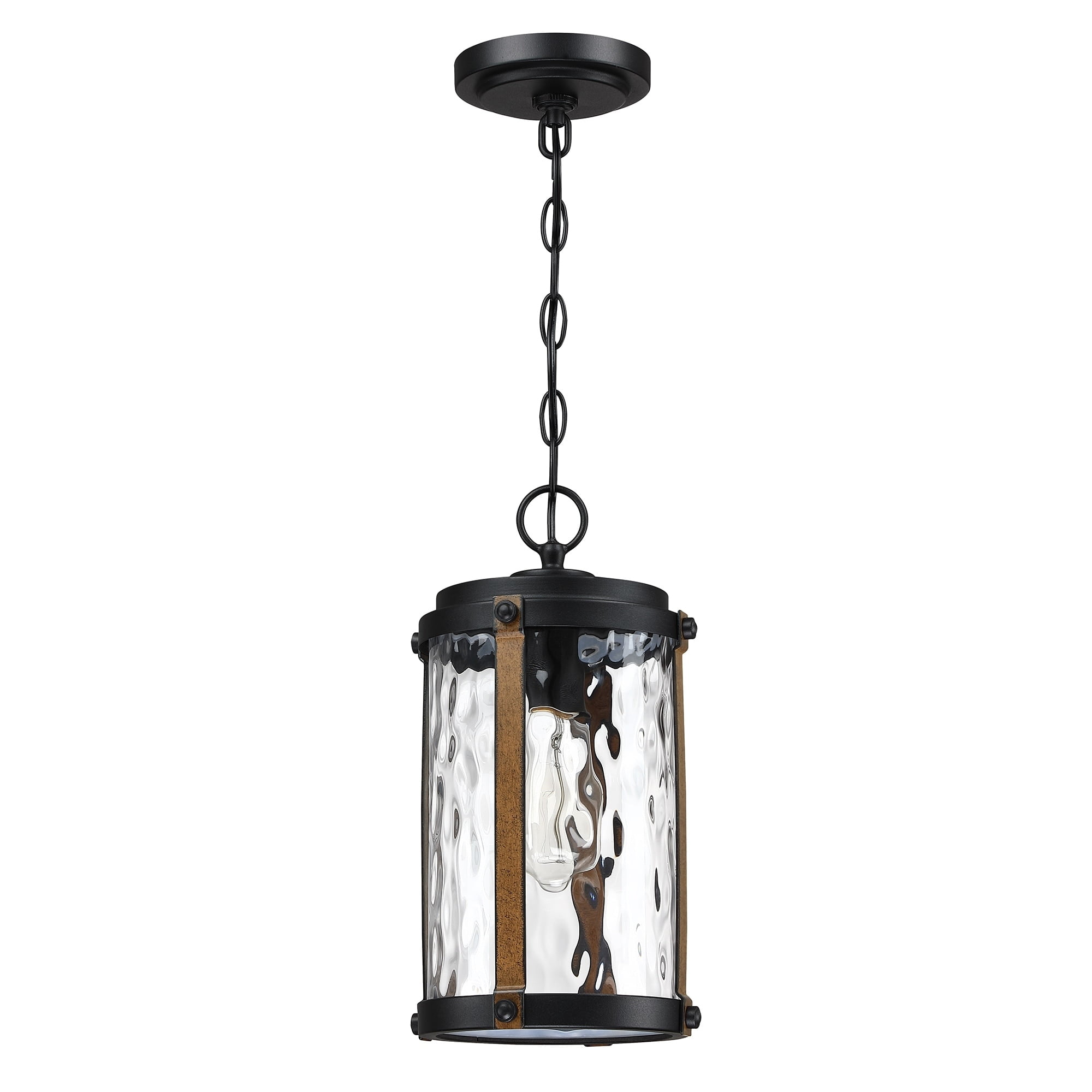 Matte Black and Barnwood Glass Outdoor Hanging Lantern