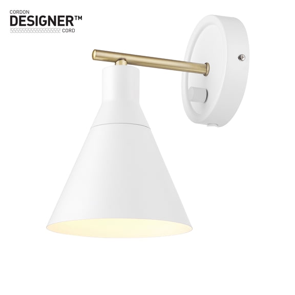 1-Light Matte White and Brass Dimmable Plug-In or Hardwire Wall Sconce with Stepless Dimming Rotary Switch
