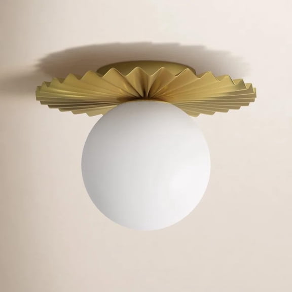 1-Light Mid Century Modern Milk Glass Sputnik Ceiling Light Brushed Gold Semi Flush Mount with Opal Globe Shade for Dining Room Living Room Entryway Hallway