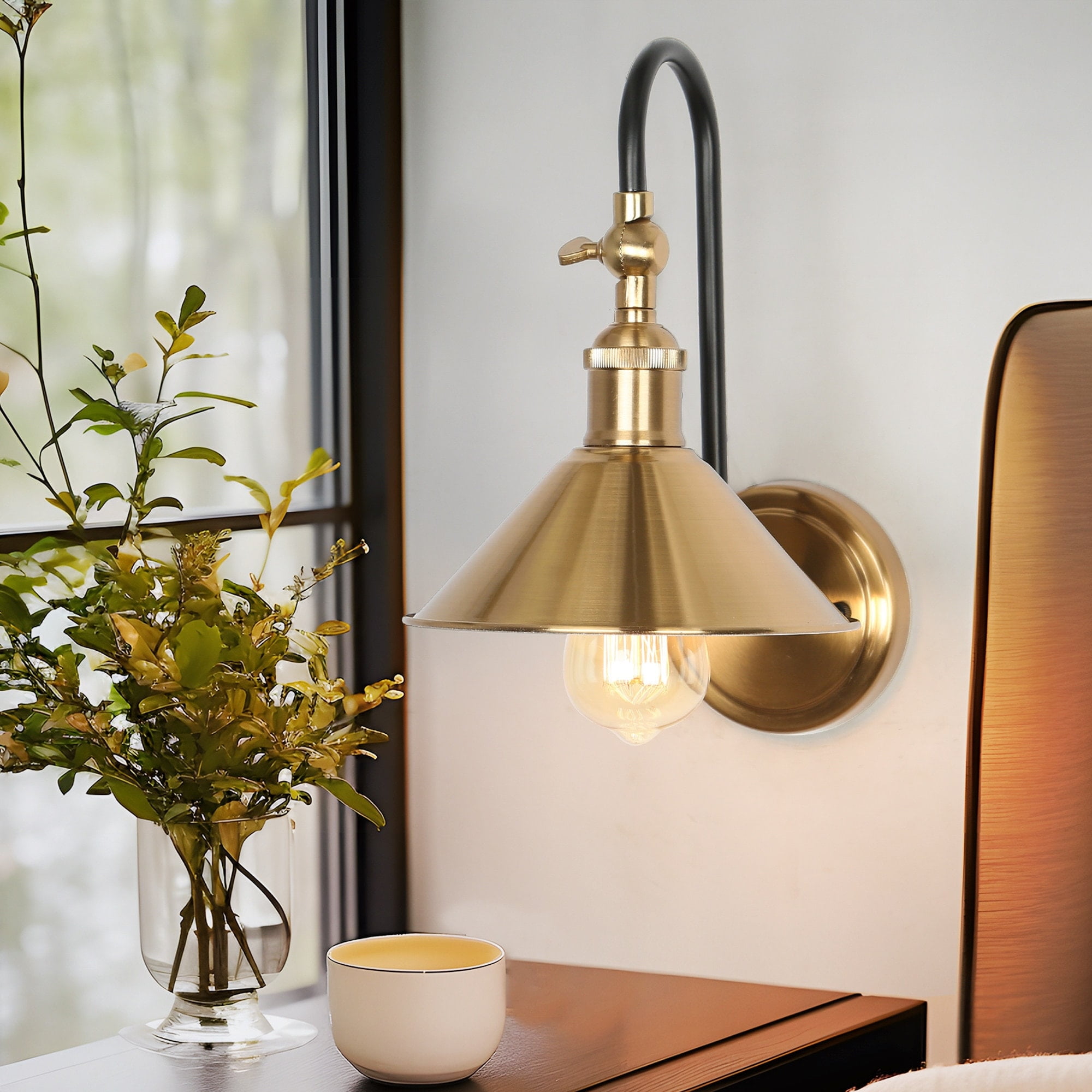 1 Light Modern Black Brass Metal Gooseneck Bathroom Wall