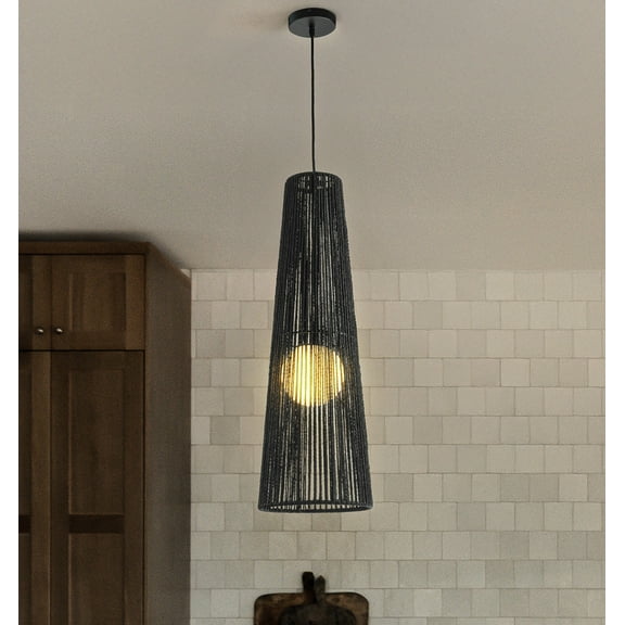 1-Light Modern Black Hand-Woven Rattan Staircase Chandelier Bubble Natural Long Pendant Light High Ceiling Hanging Lamp For Foyer Bedroom