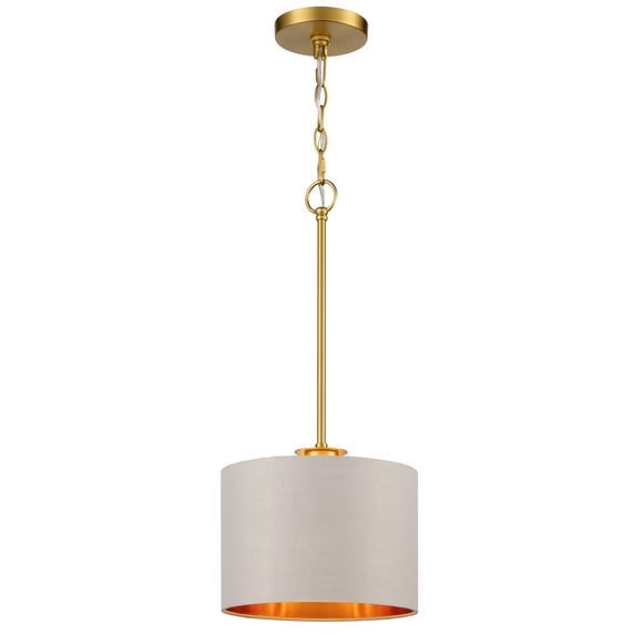 1-Light Modern Drum Chandelier Dining Room Pendant Light Fixture with Gray/Gold Fabric Shade for Kitchen, Island, Dining Room, Living Room