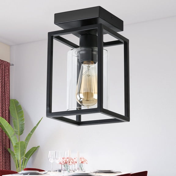 1-Light Modern Light Fixture,Black Metal Frame with Clear Glass Shade for Kitchen Island Entryway Porch Foyer Living Room