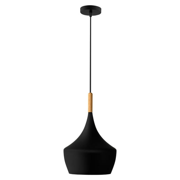 1 Light Nordic Matte Black Industrial Hanging Pendant Light, Black and Wood Finish