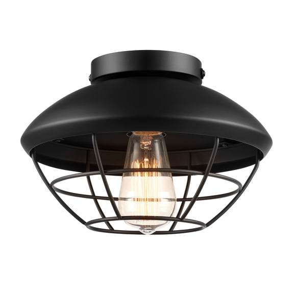 1-Light Outdoor Flush Mount Ceiling Light, Matte Black, Metal Cage Shade, Weather Resistant, Indoor