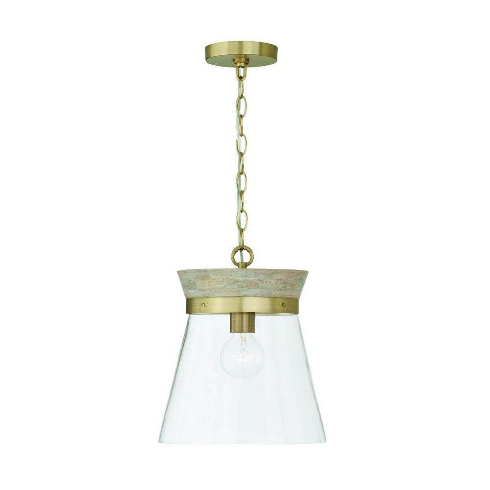 Finn 1-Light White Wash and Matte Brass Pendant with Clear Glass Shade