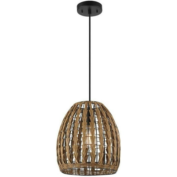 1-Light Pendant Light, Brown Woven Rattan Shade, Adjustable Height, Black Hanging Cord, Kitchen Island, Pendant Light Fixture, Home Décor Lighting, Bulb Not Included