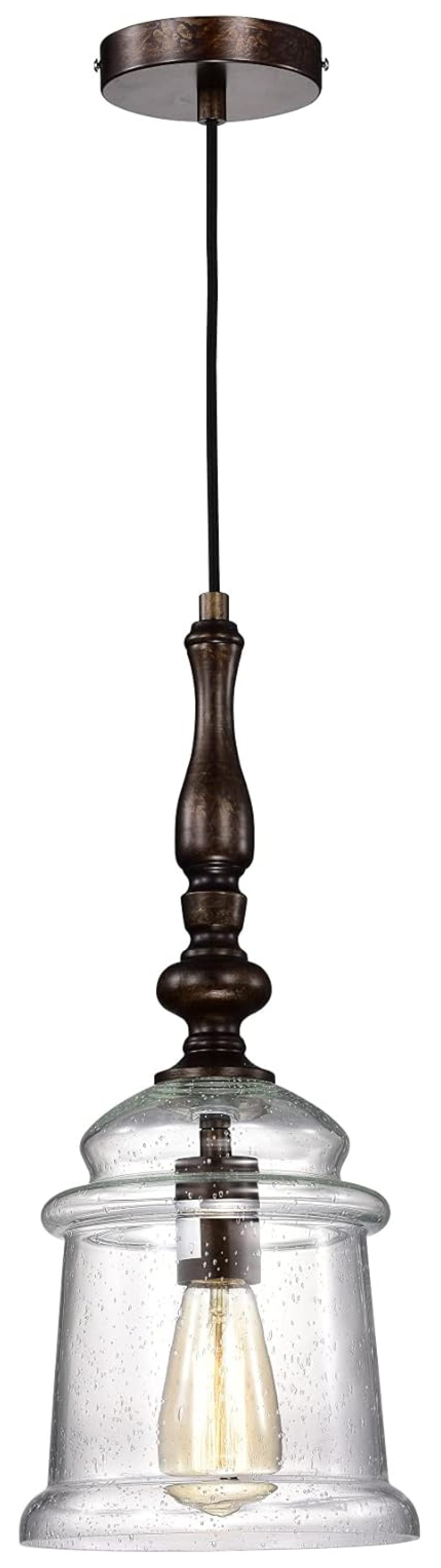 1-Light Pendant Light Farmhouse Oil Rubbed Bronze Ceiling Light with Seeded Glass Jar Shade, Adjustable Hanging Light Fixture for Kitchen, Dining, Bedroom