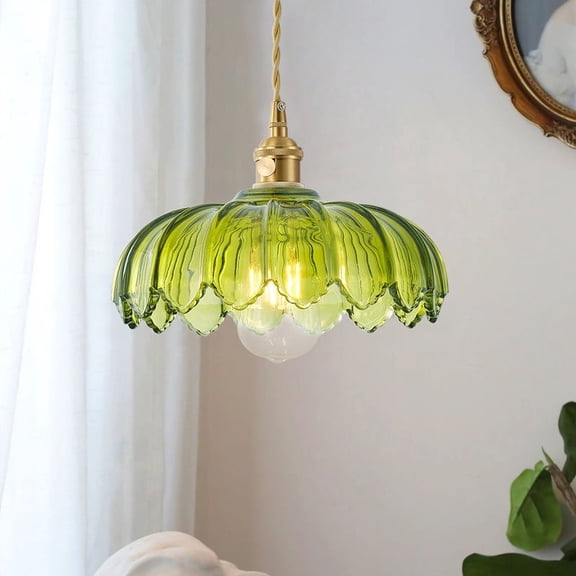1-Light Pendant Light - Vintage Green Glass Shade Hanging Light with Adjustable Cord for Bedroom & Dining Room