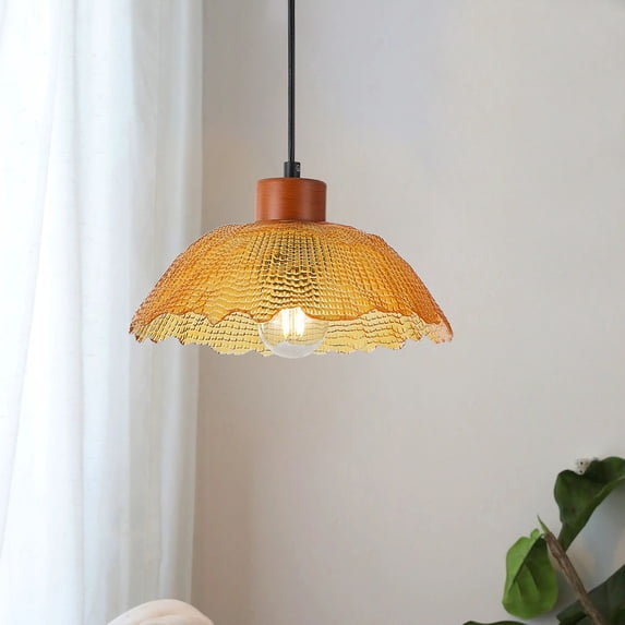 1-Light Pendant Light with Ruffled Glass Shade, E26 Base, 10.63" Hanging Light for Farmhouse, Kitchen Island & Living Room