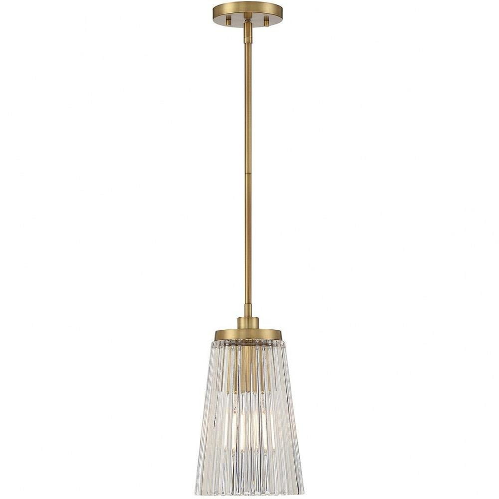 Brass and Clear Ribbed Glass Single Pendant Light