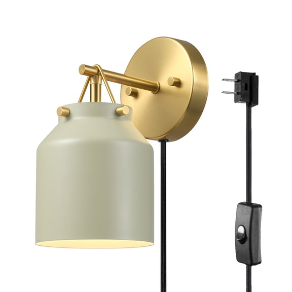 1-Light Plug-In or Hardwire Wall Sconce, Matte Sage Green, Matte Brass Accents, 6ft Black Braided Fabric Cord, In-Line Rocker Switch, Wall Lights for Living Room, Home Dcor