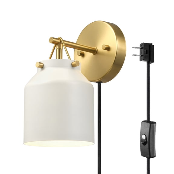 1-Light Plug-In or Hardwire Wall Sconce, Matte White, Matte Brass Accents, 6ft Black Braided Fabric Cord, In-Line Rocker Switch, Wall Lights for Living Room, Home Dcor