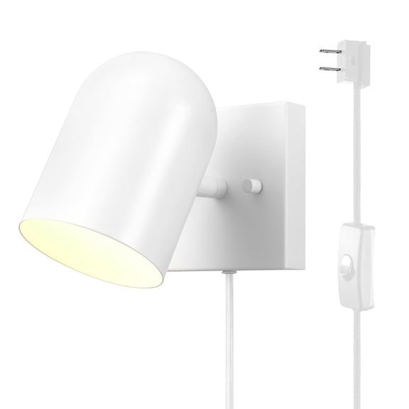 1-Light Plug-In or Hardwire Wall Sconce, Matte White, 6ft White Braided Fabric Cord, In-Line Rocker Switch, Wall Lights for Living Room, Home Dcor