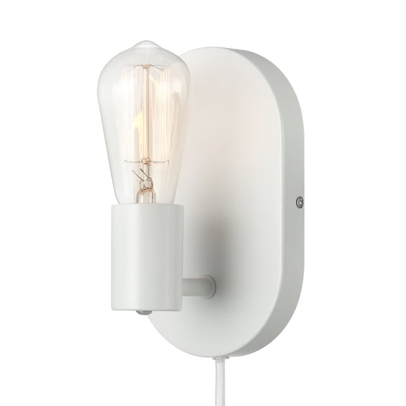 1-Light Plug-In or Hardwire Wall Sconce, Matte White, 6ft White Fabric Covered Cord, Inline On/Off Rocker Switch, Bedroom, Living Room, Mounted Lamp