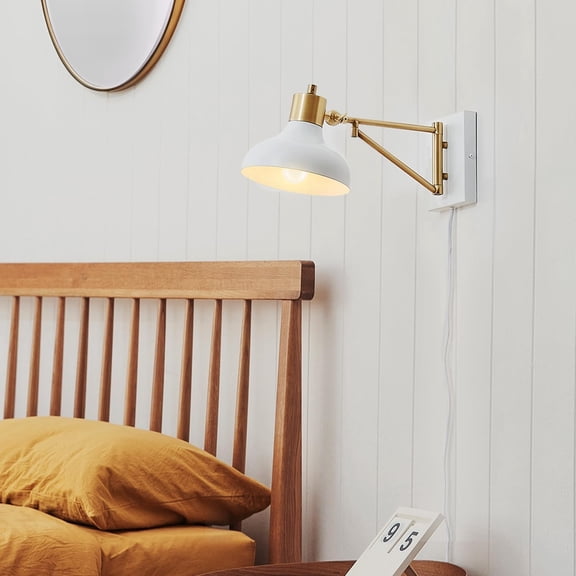 1-Light Plug-in or Hardwire Swing Arm Wall Sconce, White, Brass Accents, White-Cloth Cord, Mounted Bedside Lamp, Kitchen Sconces Wall-Lighting, Bulb Not Included