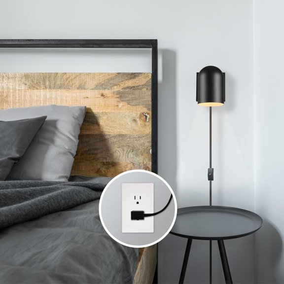 1-Light Plug-in or Hardwire Wall Sconce, Matte Black, 6ft Braided Fabric Cord, in-Line Rocker Switch, Modern Lighting for Apartments or Renters, Lights for Living Room