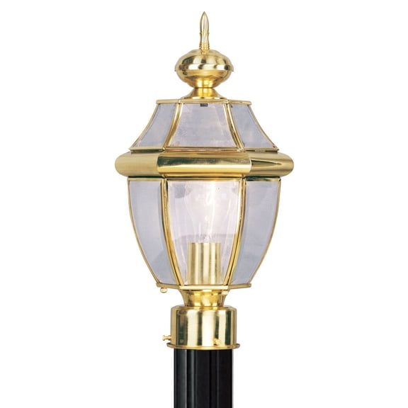 1 Light Polished Brass Outdoor Post Lantern Pendant Lighting Fixture with Clear Beveled Glass Shade backed with Hand Crafted Solid Brass material for patio, front porch, entryway and more